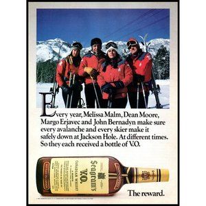 1985 Seagram's VO Canadian Whisky Vintage Print Ad Ski Patrol Jackson Hole Art